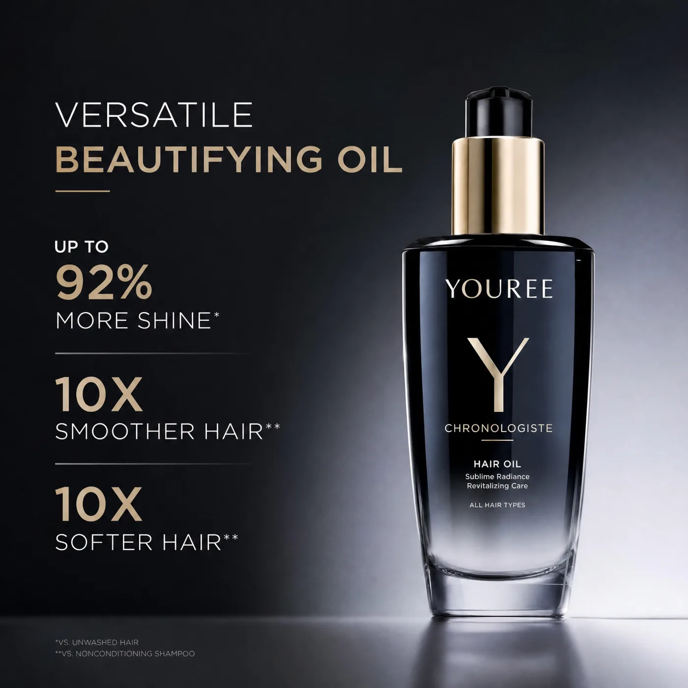 Hair oil bottle with product performance highlights